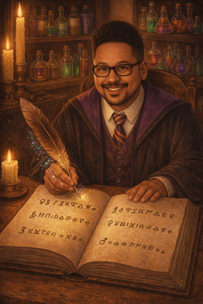 Professor of Potions schrijft herinnering in oud boek